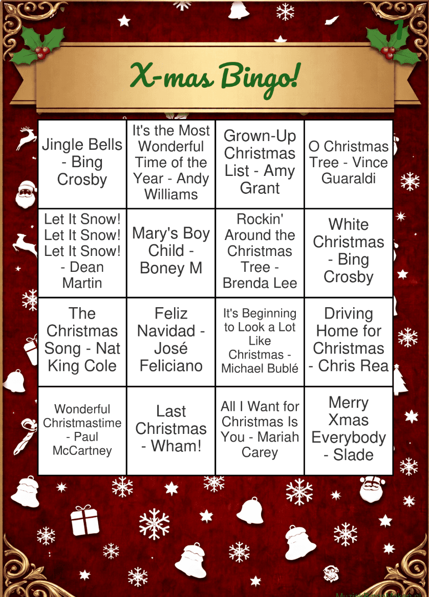 Beispiel einer Weihnachts-Musikbingo-Karte mit Weihnachtsliedern